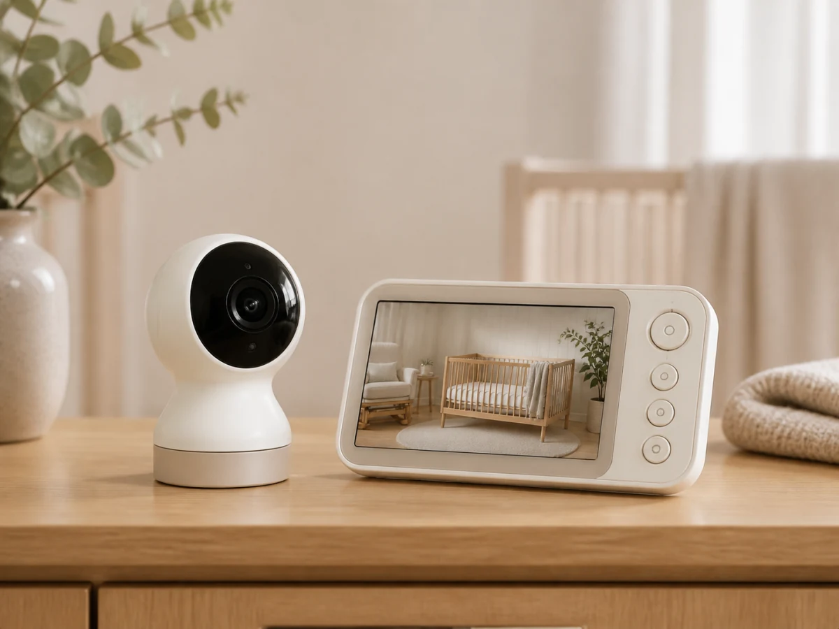 Unbranded camera and parent unit baby monitor on a timber shelf