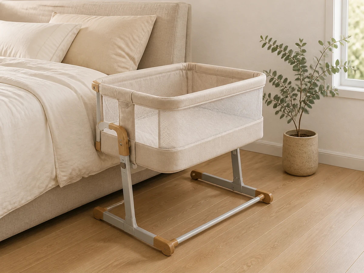 Unbranded bedside bassinet beside an oat linen bed