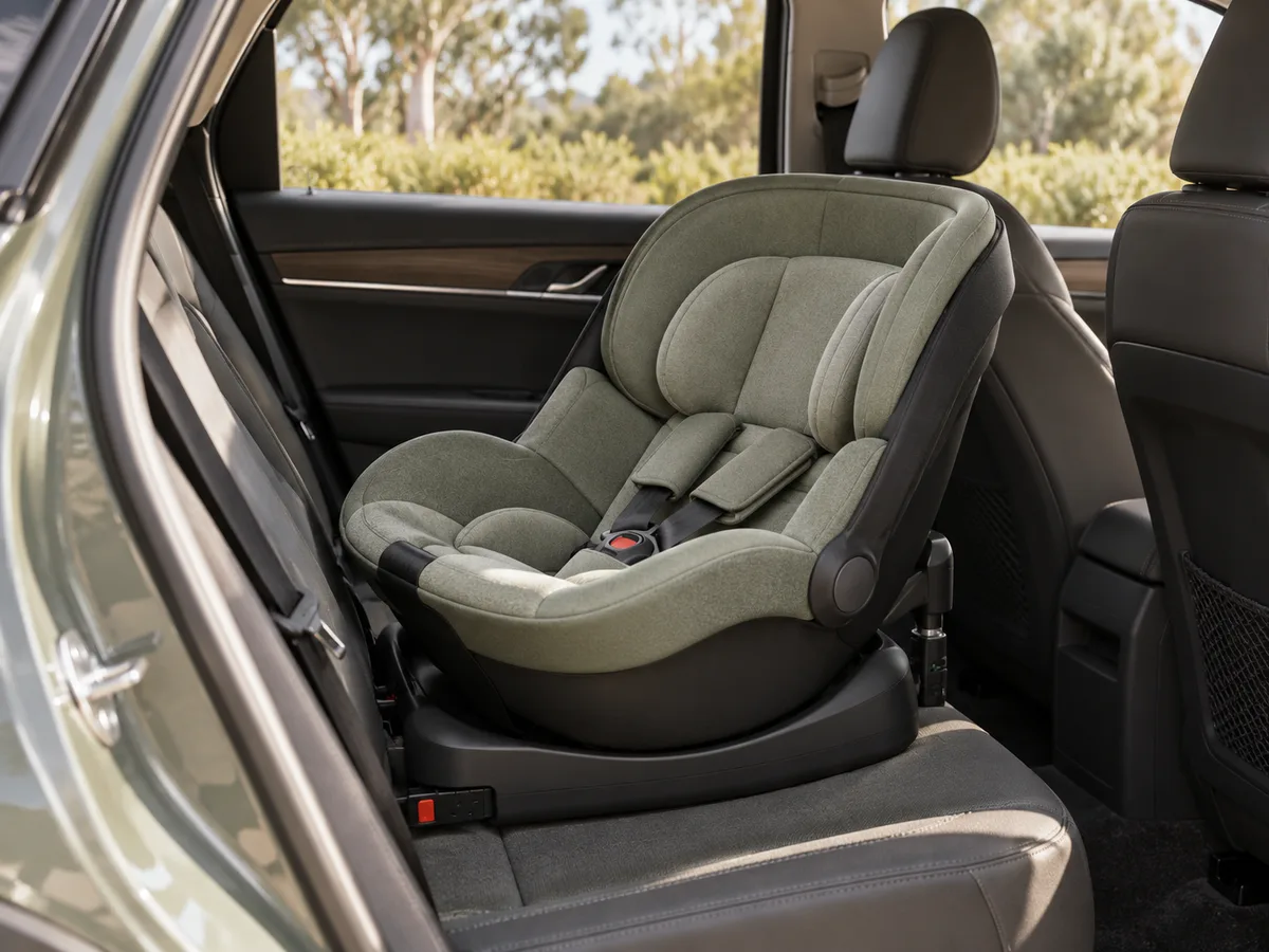 Illustrative image of an unbranded infant restraint on a car’s rear seat