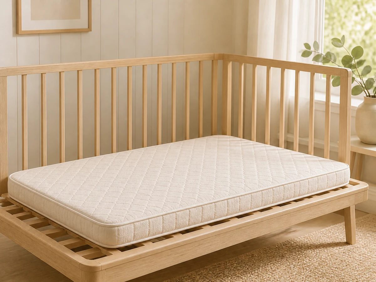 Detail of an unbranded quilted cot mattress on pale timber