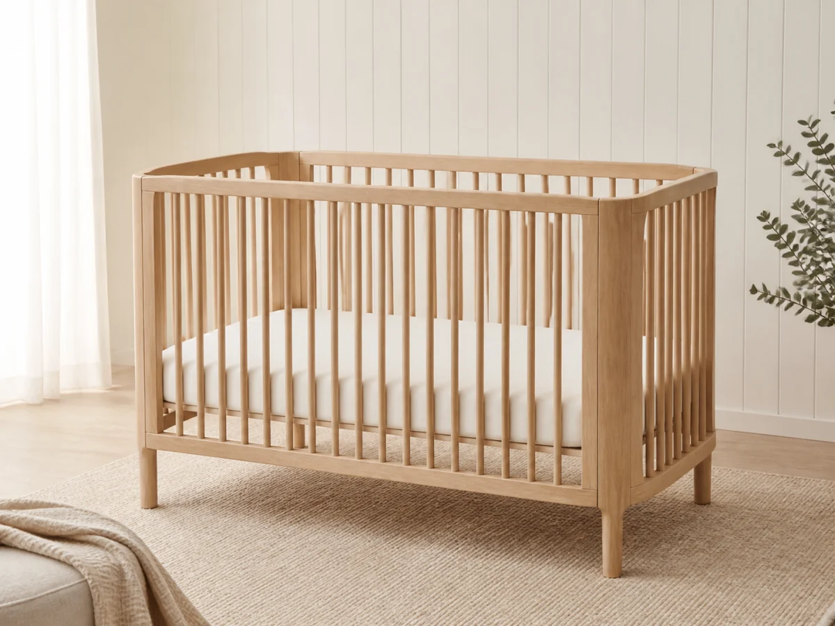 Unbranded pale timber cot in a warm neutral nursery