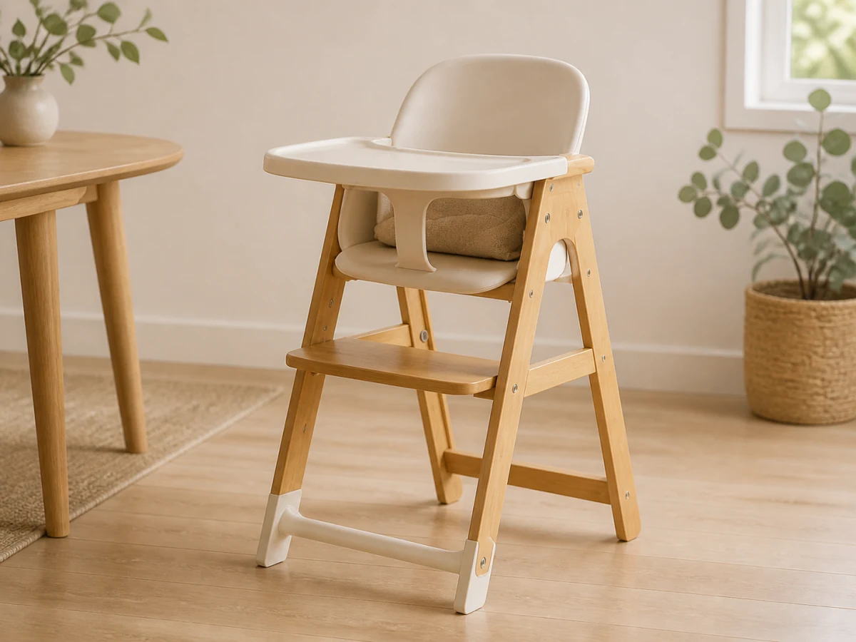 Unbranded timber high chair in a naturally lit dining space