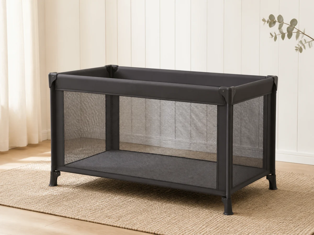 Unbranded charcoal porta cot in a bright neutral room