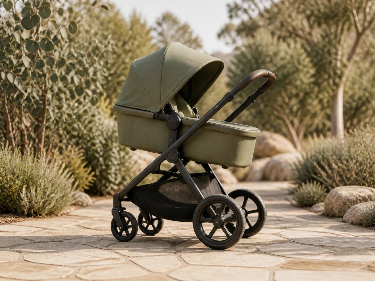 Unbranded modern stroller on a sunlit Australian garden path