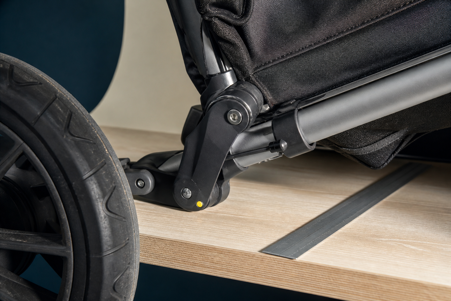 Close detail of an unbranded pram mechanism beside a steel ruler