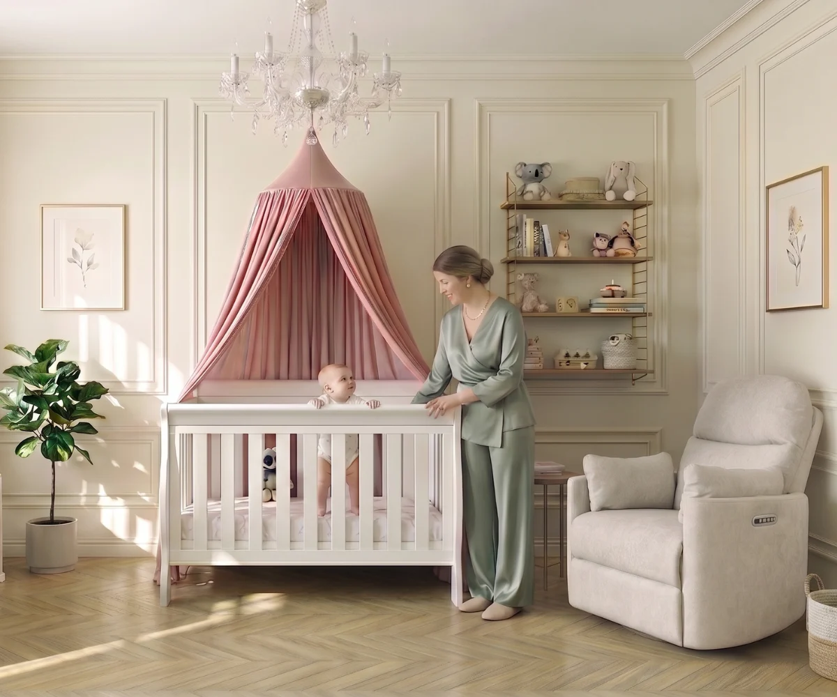 Babyhood Amani Sleigh Cot in the manufacturer's styled nursery photograph