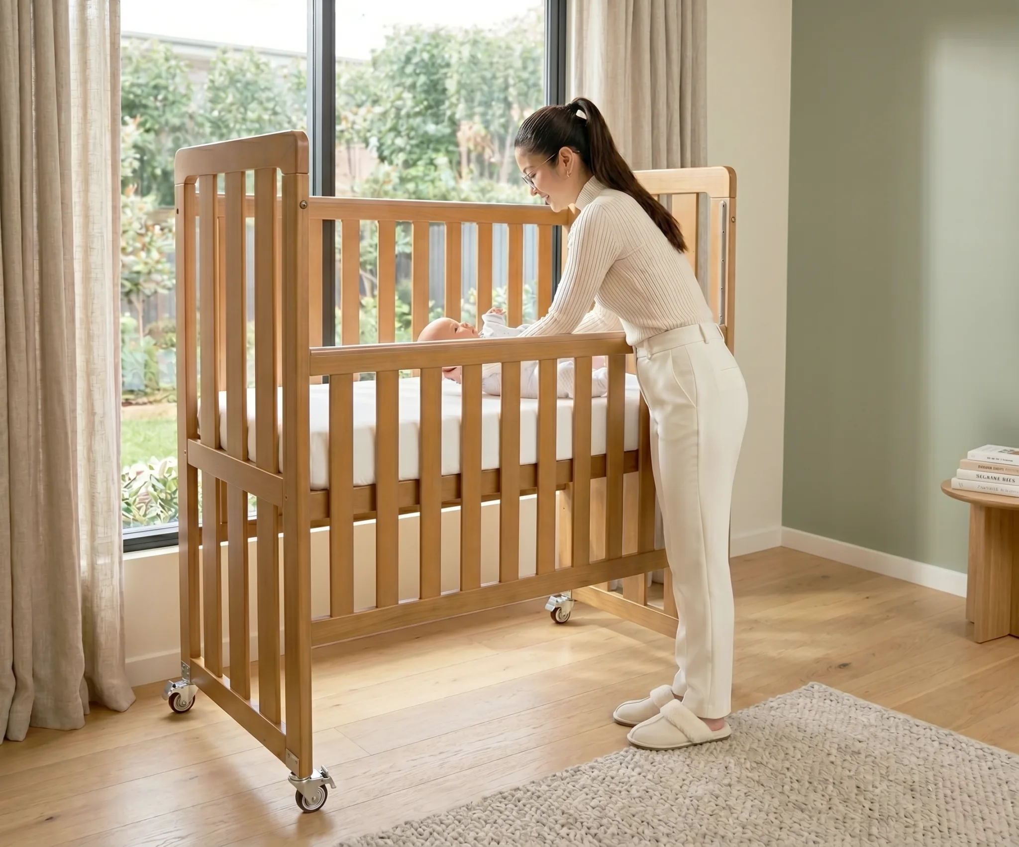 Natural timber Babyhood Ergonomic Cot with its raised base and castors