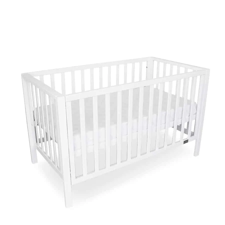 White Babyhood Lulu Cot with its front rail raised
