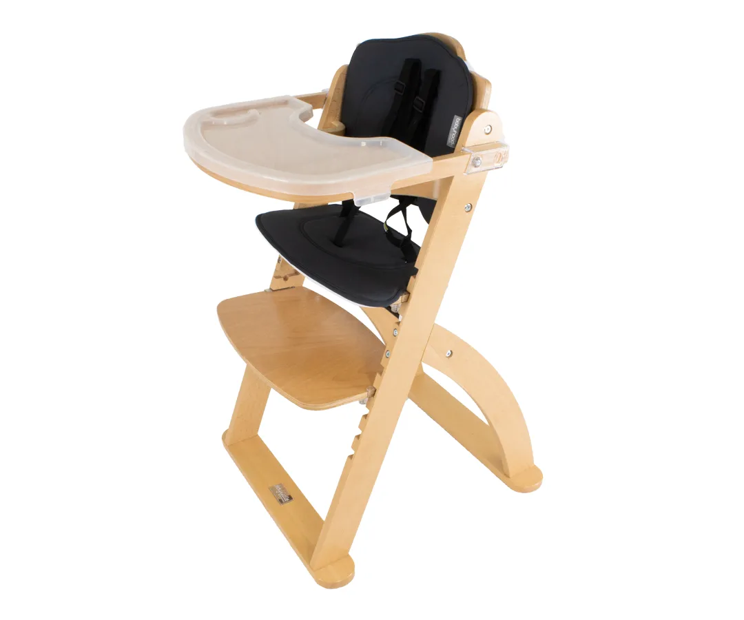 Natural timber Kaylula Ava Forever High Chair with black cushion and tray